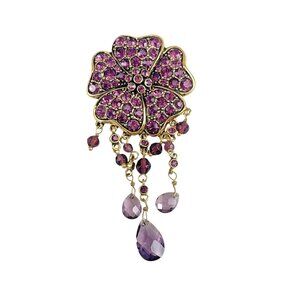 Vintage Monet Purple Rhinestone Flower Brooch Pin Dangle Beads Gold Tone